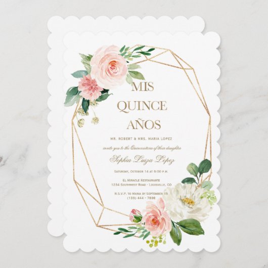 ピンクエレガントの白い花金ゴールドキンセアニラ 招待状 (正面/裏面)