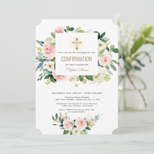 ピンクエレガントの白フローラクロスの確認 招待状 (スタンド正面)