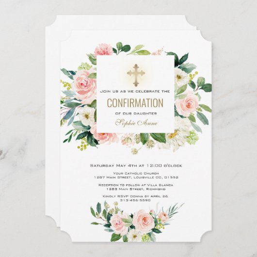 ピンクエレガントの白フローラクロスの確認 招待状 (正面/裏面)