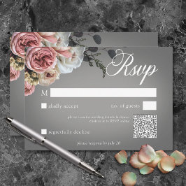 ピンクエレガントの白フローラバラグレイ結婚のQR 出欠カード