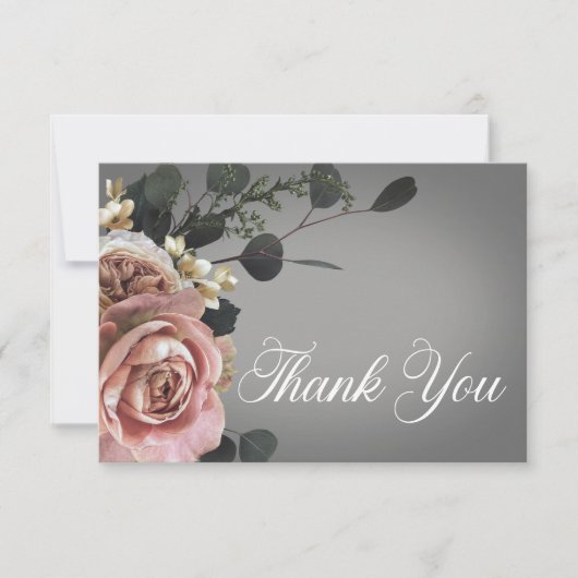 ピンクエレガントの白フローラバラグレ結婚イ サンキューカード (正面)