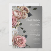 ピンクエレガントの白フローラバラグレ結婚イ 招待状 (正面)
