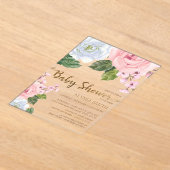 ピンクエレガントの白フローラバラスクリプト赤ちゃんシャワー アクリル招待状 (レイダウン)