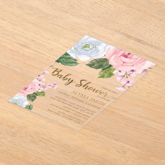 ピンクエレガントの白フローラバラスクリプト赤ちゃんシャワー アクリル招待状 (レイダウン)