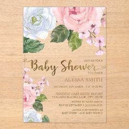 ピンクエレガントの白フローラバラスクリプト赤ちゃんシャワー アクリル招待状