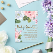 ピンクエレガントの白フローラバラスクリプト赤ちゃんシャワー アクリル招待状 (インサイチュ (ウェディング))