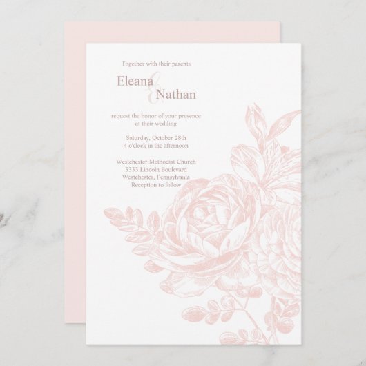 ピンクエレガントの白フローラブーケ結婚ーズ 招待状 (正面/裏面)
