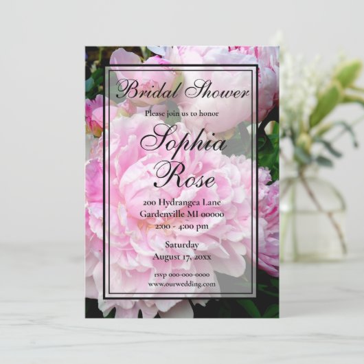 ピンクエレガントの白フローラ牡丹ブライダルシャワー 招待状 (スタンド正面)