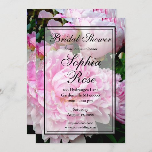 ピンクエレガントの白フローラ牡丹ブライダルシャワー 招待状 (正面/裏面)
