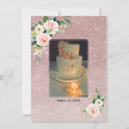 ピンクエレガントの白フローラ金ゴールド写真の確認 サンキューカード (裏面)