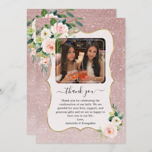 ピンクエレガントの白フローラ金ゴールド写真の確認 サンキューカード (正面/裏面)