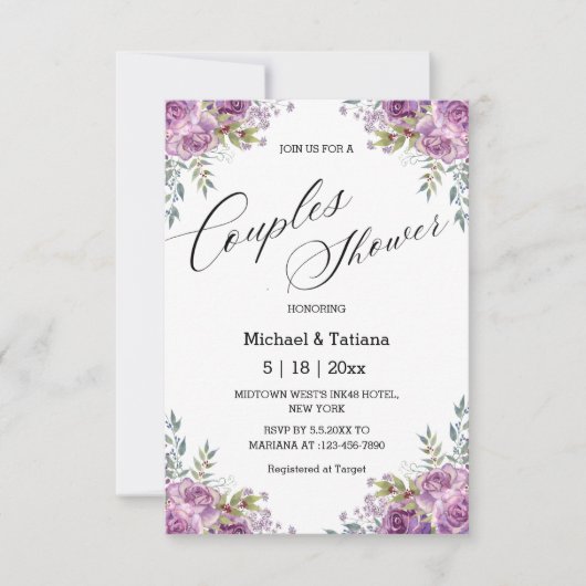 ピンクエレガントの紫のフローラのカップルがシャワーを浴結婚びる 招待状 (正面)