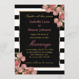 ピンクエレガントの結婚バラの白黒ストライプ 招待状