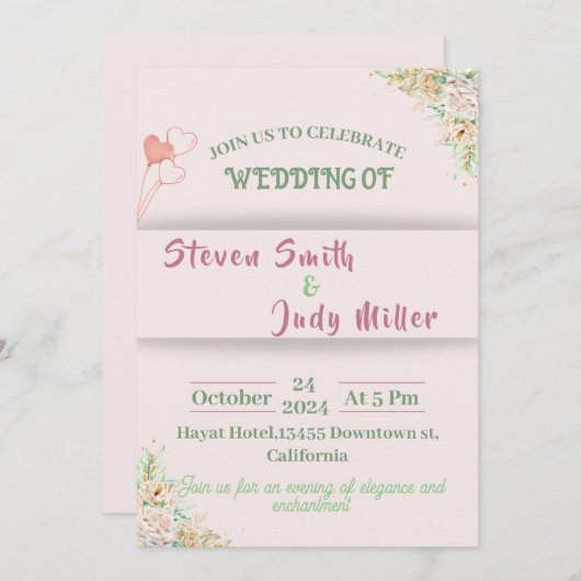 ピンクエレガントの結婚式招待状シンプルの花 招待状 (正面/裏面)