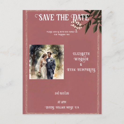 ピンクエレガントの結婚式招待状写真 ポストカード (正面)