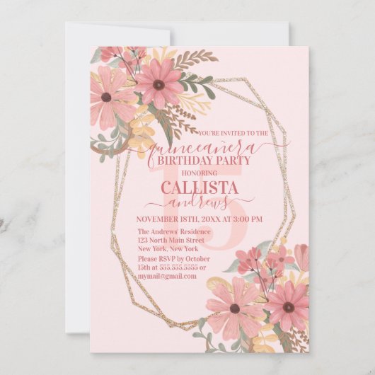 ピンクエレガントの絵を描花グリッターキンセアニラ 招待状 (正面)