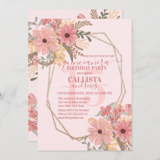 ピンクエレガントの絵を描花グリッターキンセアニラ 招待状 (正面/裏面)