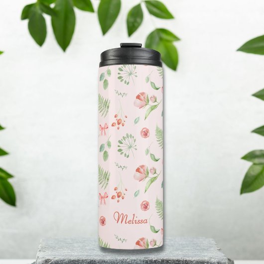 ピンクエレガントの緑の水彩フローラリボン タンブラー