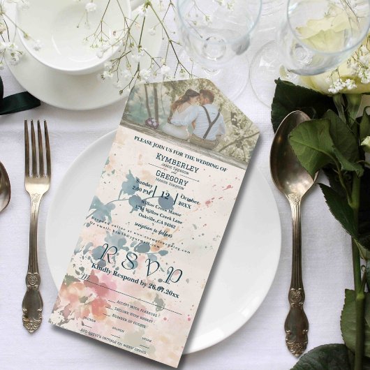 ピンクエレガントの緑の水色のフローラ写真 オールインワン招待状