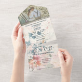 ピンクエレガントの緑の水色のフローラ写真 オールインワン招待状 (貼ってはがせる)