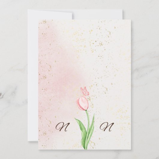 ピンクエレガントの花とハ結婚チョウのカード 招待状 (裏面)