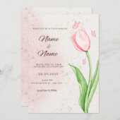 ピンクエレガントの花とハ結婚チョウのカード 招待状 (正面/裏面)