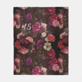 ピンクエレガントの花とバラ黒フローラ フリースブランケット (正面)