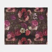 ピンクエレガントの花とバラ黒フローラ フリースブランケット (正面(横))
