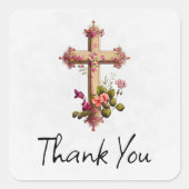 ピンクエレガントの花と木製の十字ありがとう スクエアシール (正面)