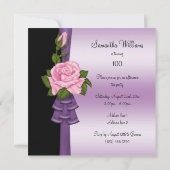 ピンクエレガントの花と紫のリボン100誕生日 招待状 (裏面)