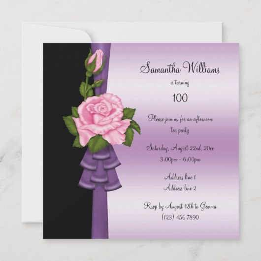 ピンクエレガントの花と紫のリボン100誕生日 招待状 (裏面)