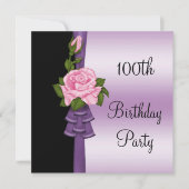 ピンクエレガントの花と紫のリボン100誕生日 招待状 (正面)