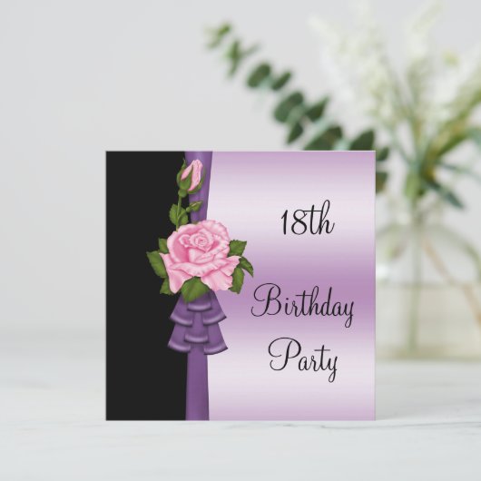 ピンクエレガントの花と紫のリボン18誕生日 招待状 (スタンド正面)