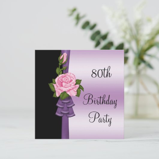 ピンクエレガントの花と紫のリボン80誕生日 招待状 (スタンド正面)