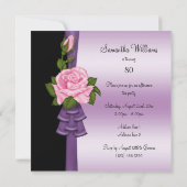 ピンクエレガントの花と紫のリボン80誕生日 招待状 (裏面)