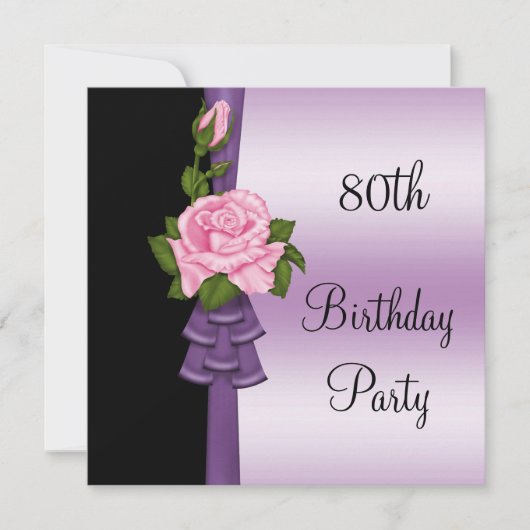 ピンクエレガントの花と紫のリボン80誕生日 招待状 (正面)