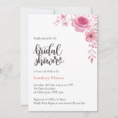 ピンクエレガントの花と緑のブライダルシャワー 招待状 (正面)