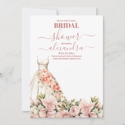ピンクエレガントの花と緑のブライダルシャワー 招待状 (正面)