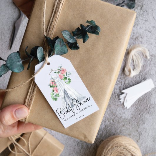 ピンクエレガントの花と緑 – ブライダルシャワー ギフトタグ