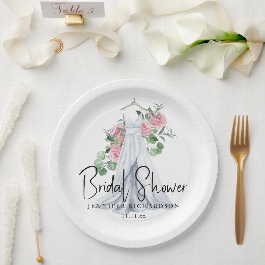 ピンクエレガントの花と緑 – ブライダルシャワー ペーパープレート (ウェディング)