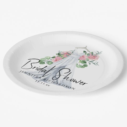 ピンクエレガントの花と緑 – ブライダルシャワー ペーパープレート (アングル)