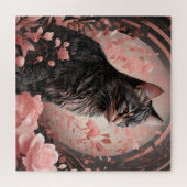 ピンクエレガントの花に囲まれた黒猫 ジグソーパズル (横)