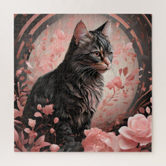 ピンクエレガントの花に囲まれた黒猫 ジグソーパズル