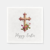 ピンクエレガントの花の復活祭と木製の十字 スタンダードカクテルナプキン (正面)