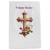 ピンクエレガントの花の復活祭と木製の十字 ミディアムペーパーバッグ (正面)