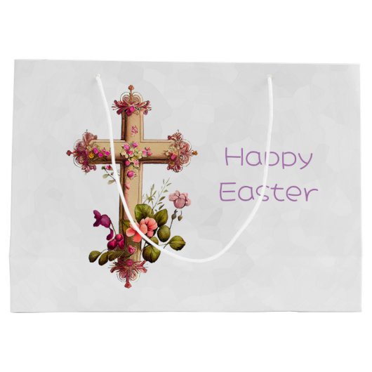 ピンクエレガントの花の復活祭と木製の十字 ラージペーパーバッグ (裏面)