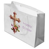 ピンクエレガントの花の復活祭と木製の十字 ラージペーパーバッグ (裏面アングル)