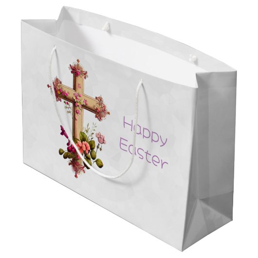 ピンクエレガントの花の復活祭と木製の十字 ラージペーパーバッグ (裏面アングル)