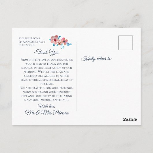 ピンクエレガントの花の水彩ありがとう ポストカード (裏面)