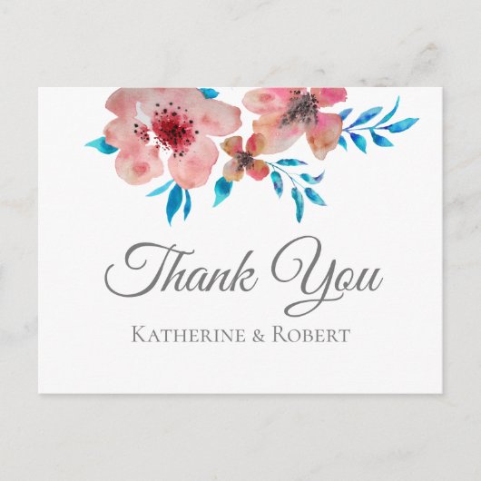 ピンクエレガントの花の水彩ありがとう ポストカード (正面)